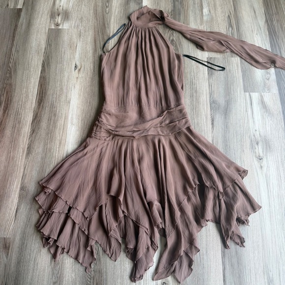 bebe Dresses & Skirts - Vintage Y2K Bebe Silk Halter Handkerchief Hem Dress Brown XS Asymmetrical